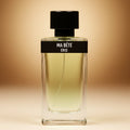 Tall rectangular perfume bottle filled with amber liquid with a round black cap, a black band around the top of the bottle body that says "Ma Bete ERIS" on it set against a warm gradient background. 