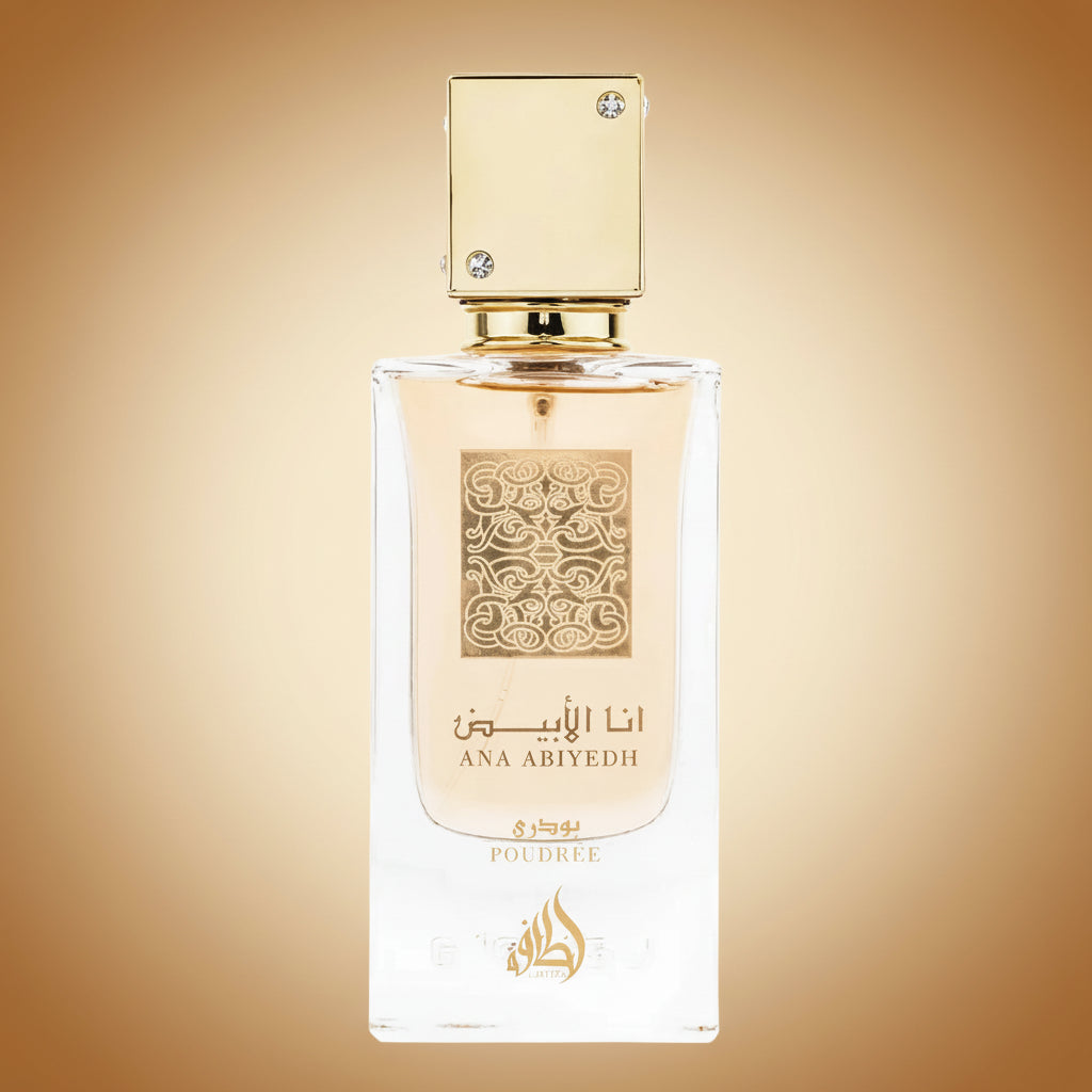Lattafa Ana Abiyedh Poudree decant bottle, 10ml, amber glass with spray