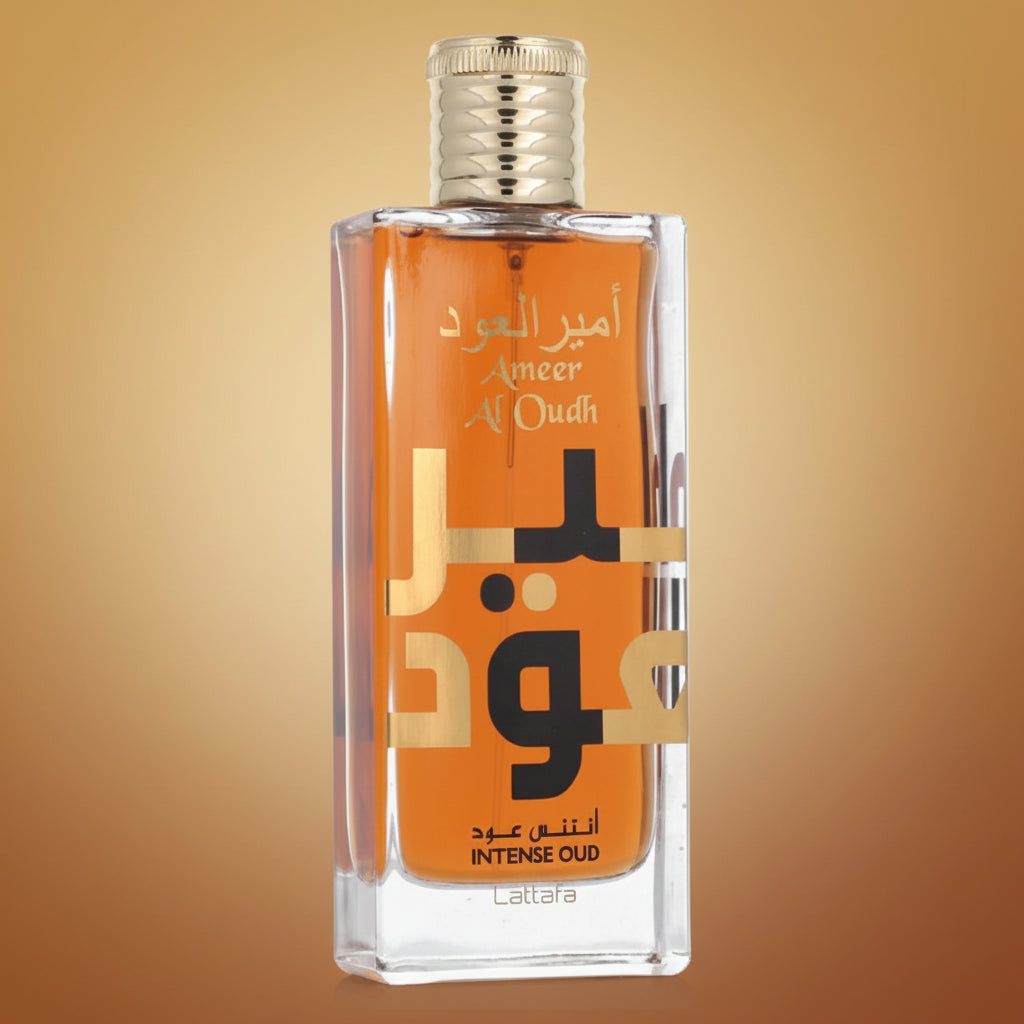Lattafa Ameer Al Oudh Intense Oud decant bottle, 10ml, amber glass with spray
