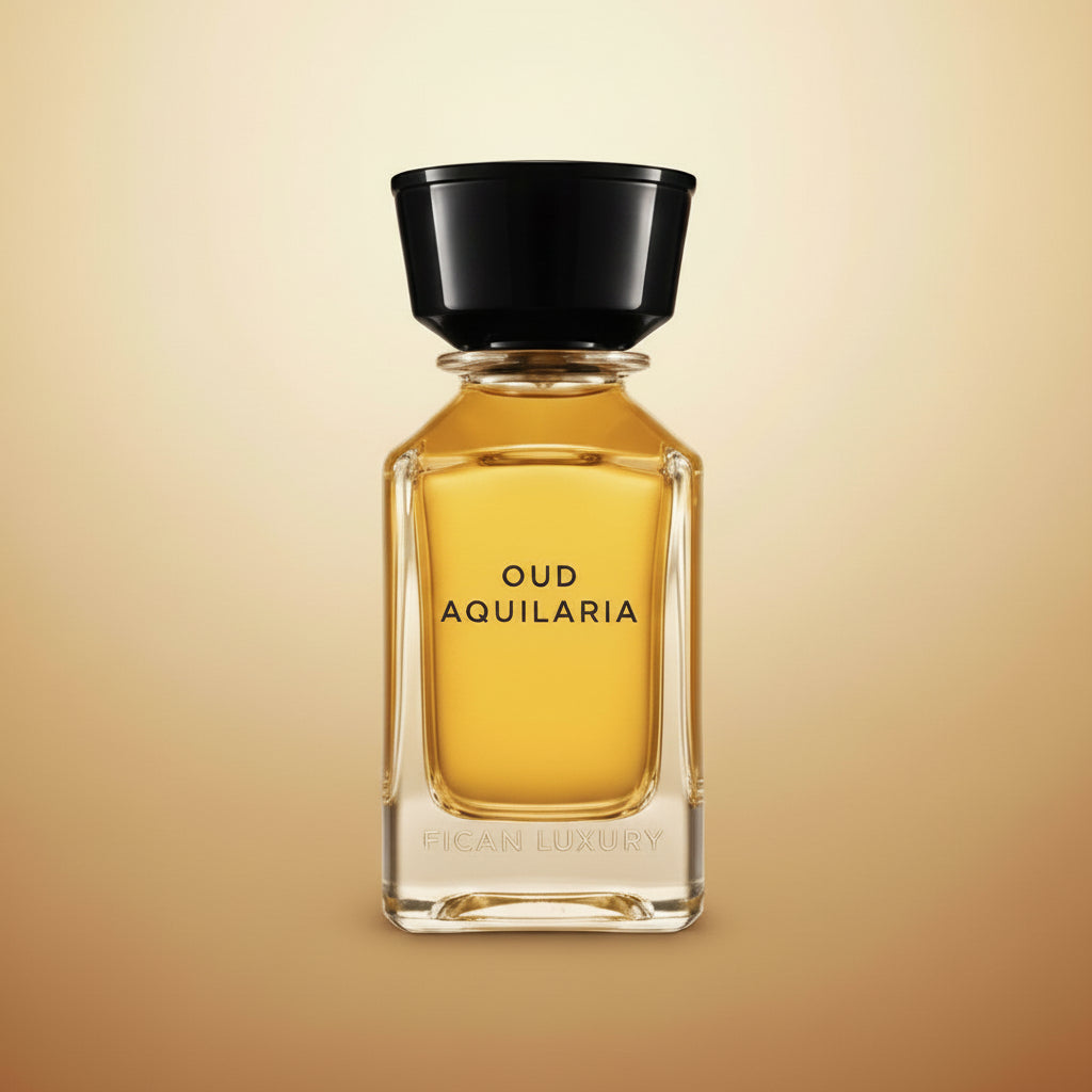 A clear glass perfume bottle filled with golden-yellow liquid, featuring a black cap and the text 'OUD AQUILARIA' on the front, set against a white background with a soft shadow.