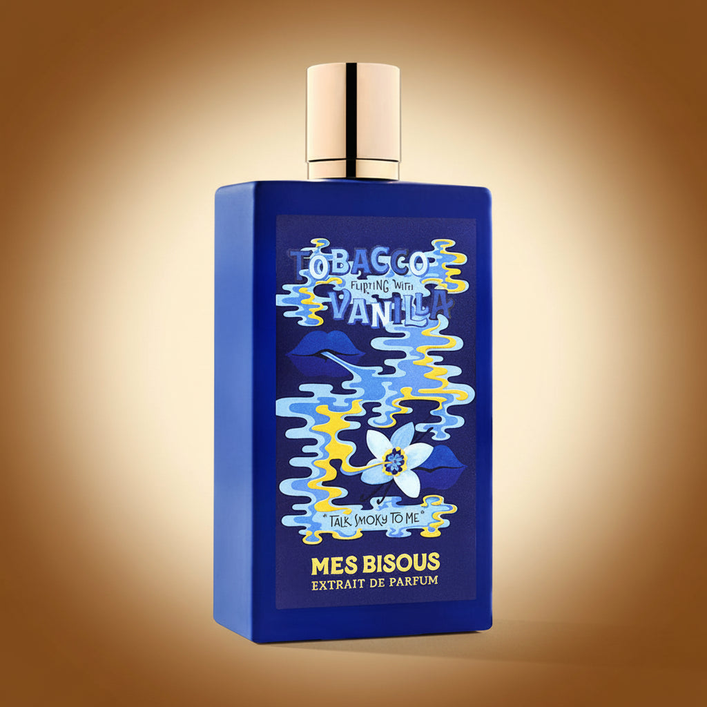 Blue perfume bottle with a two-tone blue and yellow design on the face, a gold cap and the words "Tobacco Flirting with Vanilla Talk Smoky to me" on a warm gradient background