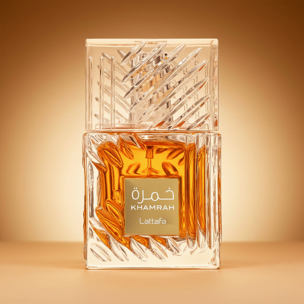 Lattafa Khamrah decant bottle, 10ml, amber glass with spray