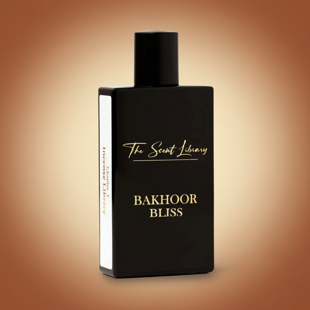 The Scent Library Bakhoor Bliss Extrait decant bottle, 10ml, amber glass with spray